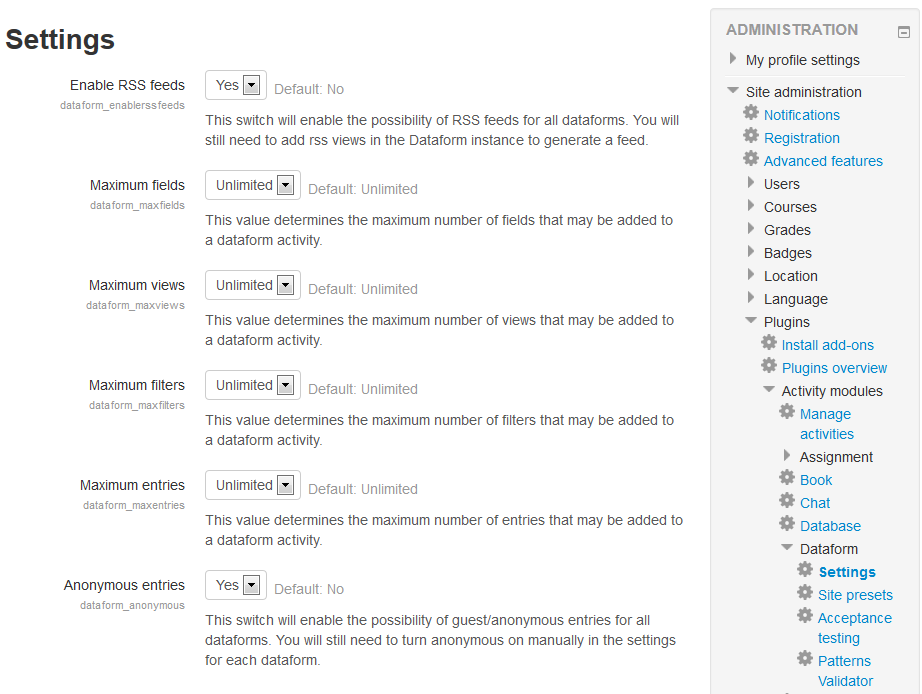 Dataform site admin settings