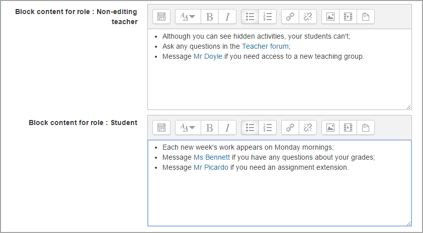 Setting up different messages according to role