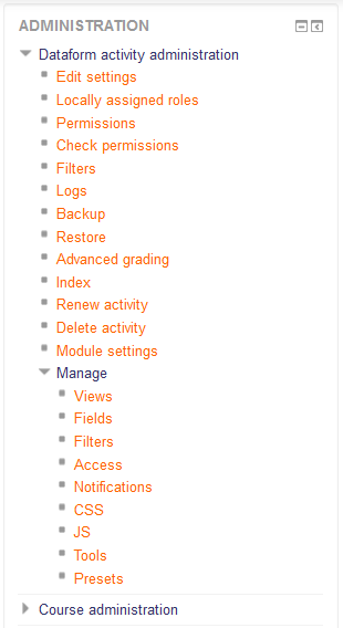 Dataform activity administration navigation