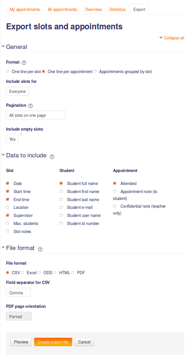 Scheduler export screen