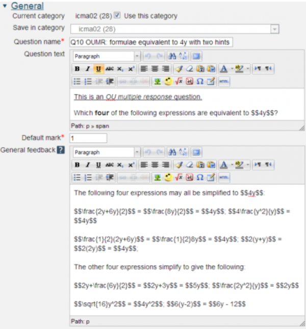 OU multiple response question text, mark and General feedback.png